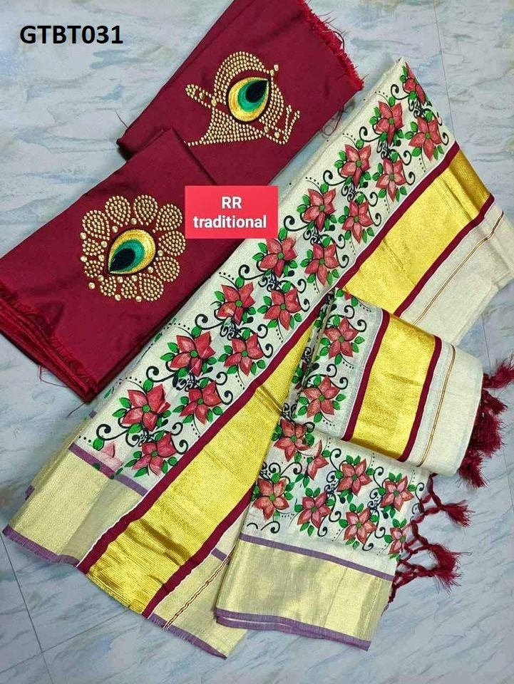 Kerala Special Golden Tissue Set Mundu 2.50 mtr,Beautiful Kerala Designs,Onam,Vishu,Pooja ,Traditional,Special Occassions,Hand Made Designs.