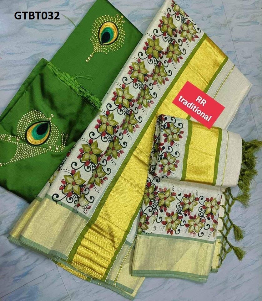 Kerala Special Golden Tissue Set Mundu 2.50 mtr,Beautiful Kerala Designs,Onam,Vishu,Pooja ,Traditional,Special Occassions,Hand Made Designs.