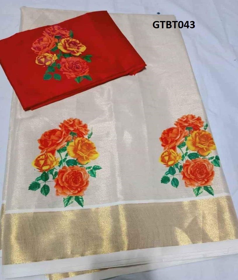 Onam Dress, Kerala Golden Tissue Fower printed  Pattupavada, Stitched and Material Only, Traditional Girls clothing /Onam, Vishu, Birthday