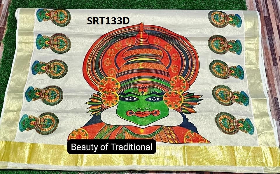 Kerala Big mural Kathakali golden tissue saree  6.25mtr,Kerala Saree,Vishu Saree,Traditional Onam Saree ,Handmade Designs,Pooja,Festivals