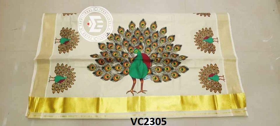 Kerala  Golden Tissue Mural print Set Saree with Blouse Materiai,Indian traditional women clothing,Handmade designs,Onam,Vishu special