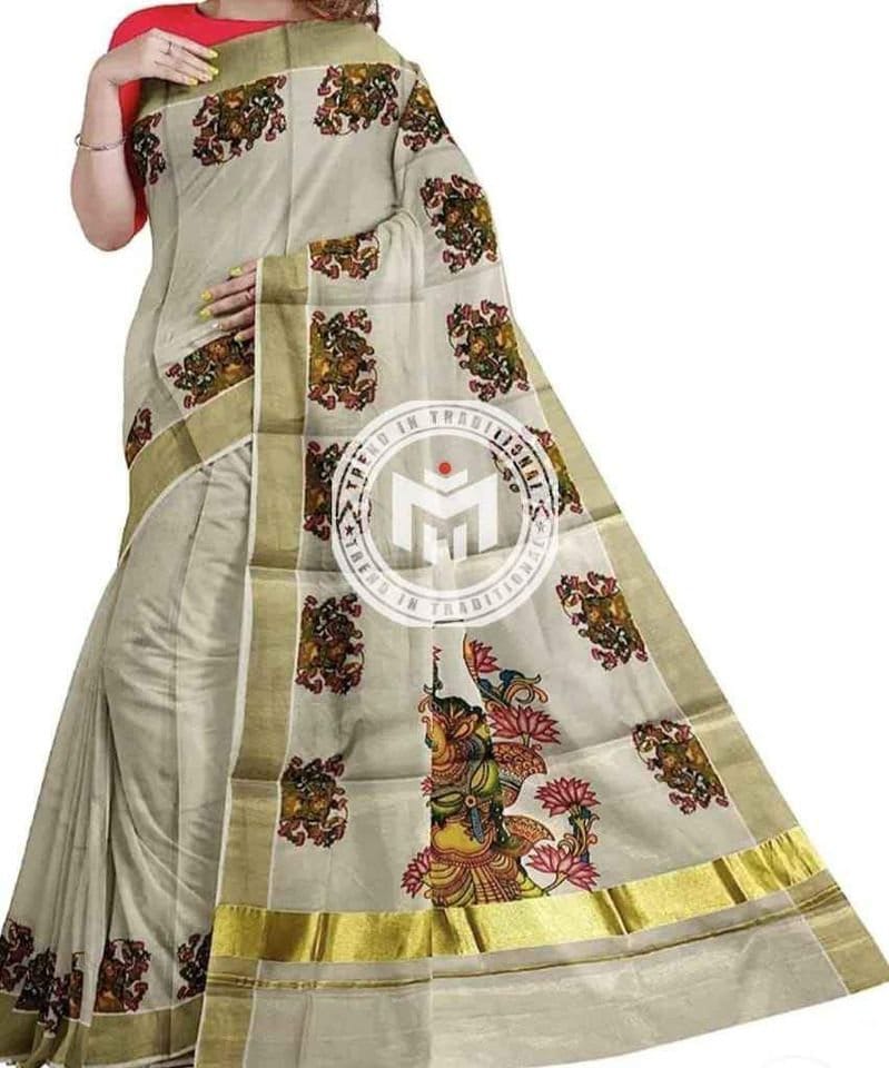 Kerala  Golden Tissue Mural print Set Saree with Blouse Materiai,Indian traditional women clothing,Handmade designs,Onam,Vishu special