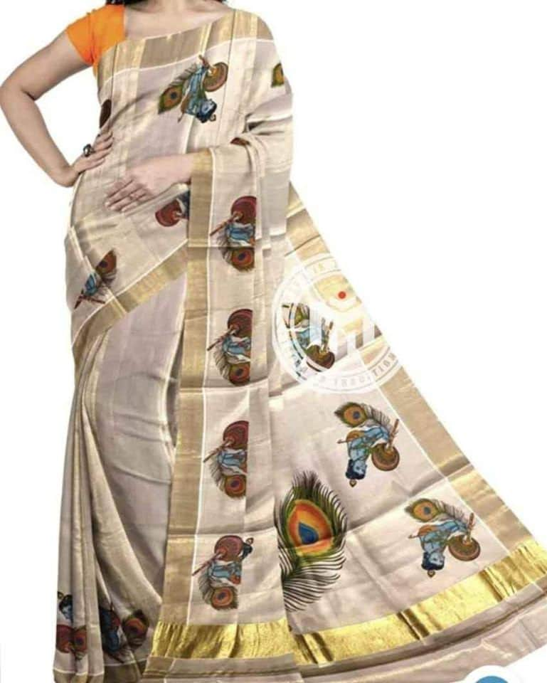 Kerala  Golden Tissue Mural print Set Saree with Blouse Materiai,Indian traditional women clothing,Handmade designs,Onam,Vishu special