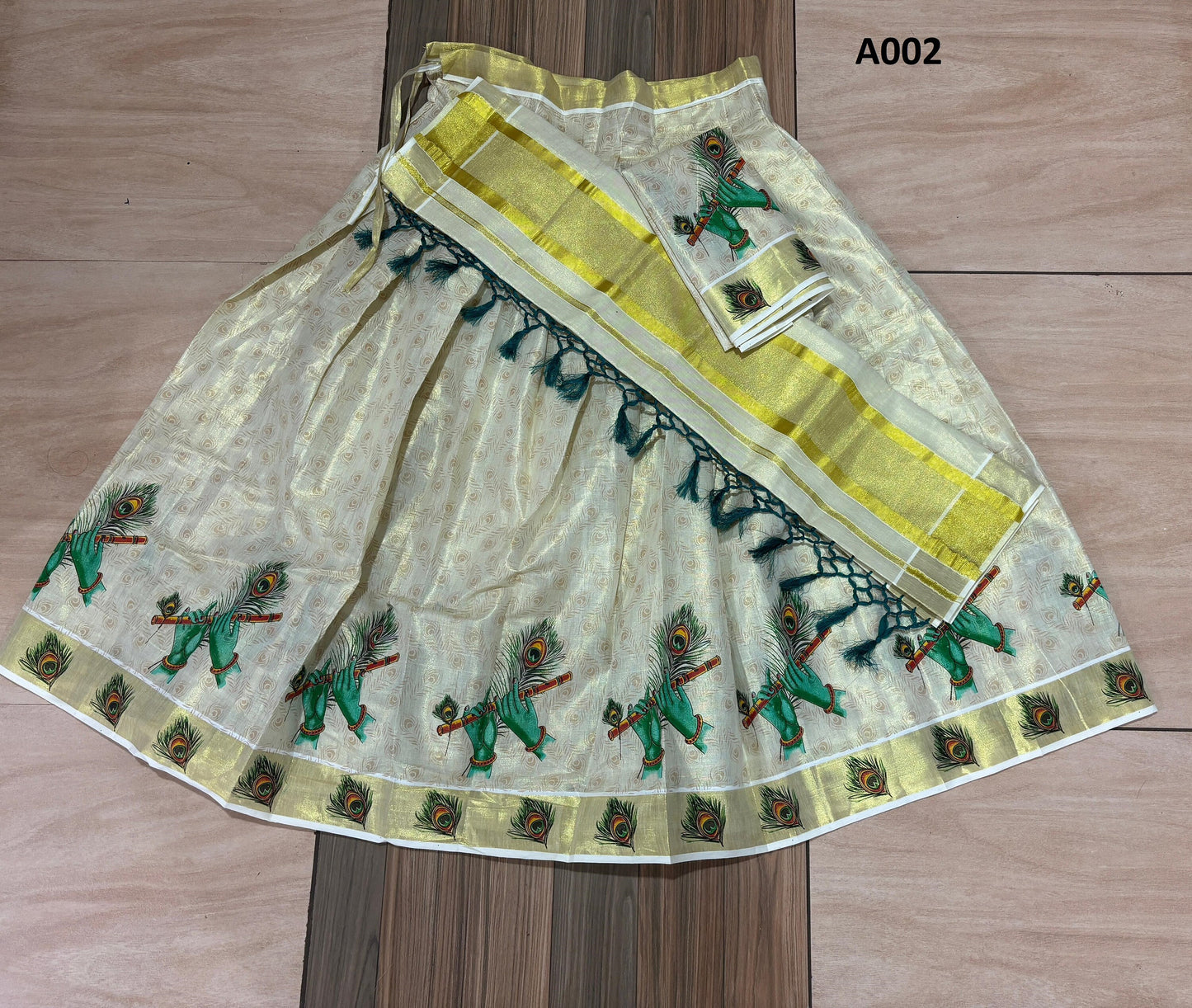 Kerala emboss printed golden Tissue Davani Skirt Stitched Free Size with Blouse Material / Traditional Girls clothing / Handmade designs