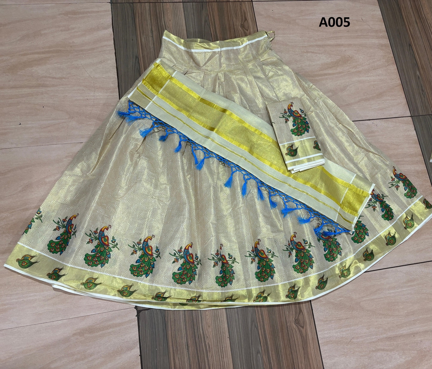 Kerala emboss printed golden Tissue Davani Skirt Stitched Free Size with Blouse Material / Traditional Girls clothing / Handmade designs