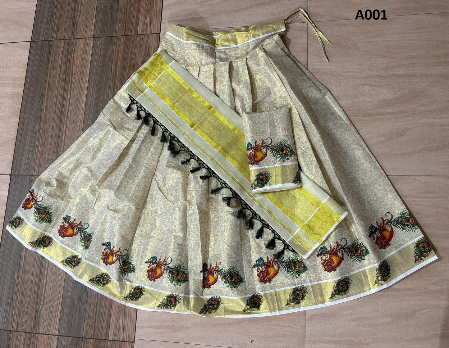 Kerala emboss printed golden Tissue Davani Skirt Stitched Free Size with Blouse Material / Traditional Girls clothing / Handmade designs