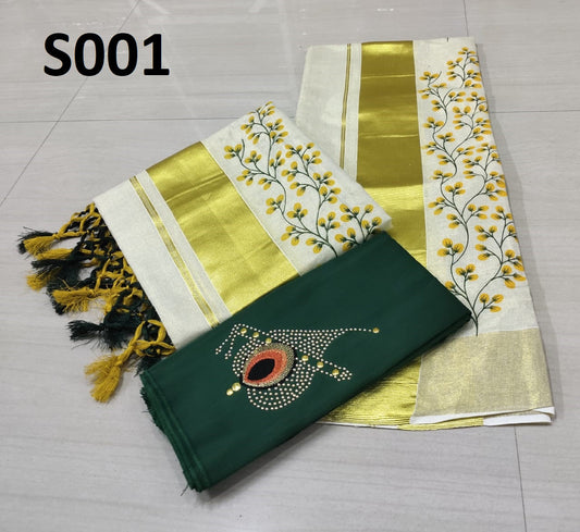 Kerala Kanikkonna  Tissue Set Mundu with Ready to wear Blouse or Blouse Material With kunjanam Vishu Onam festival clothing Hand design