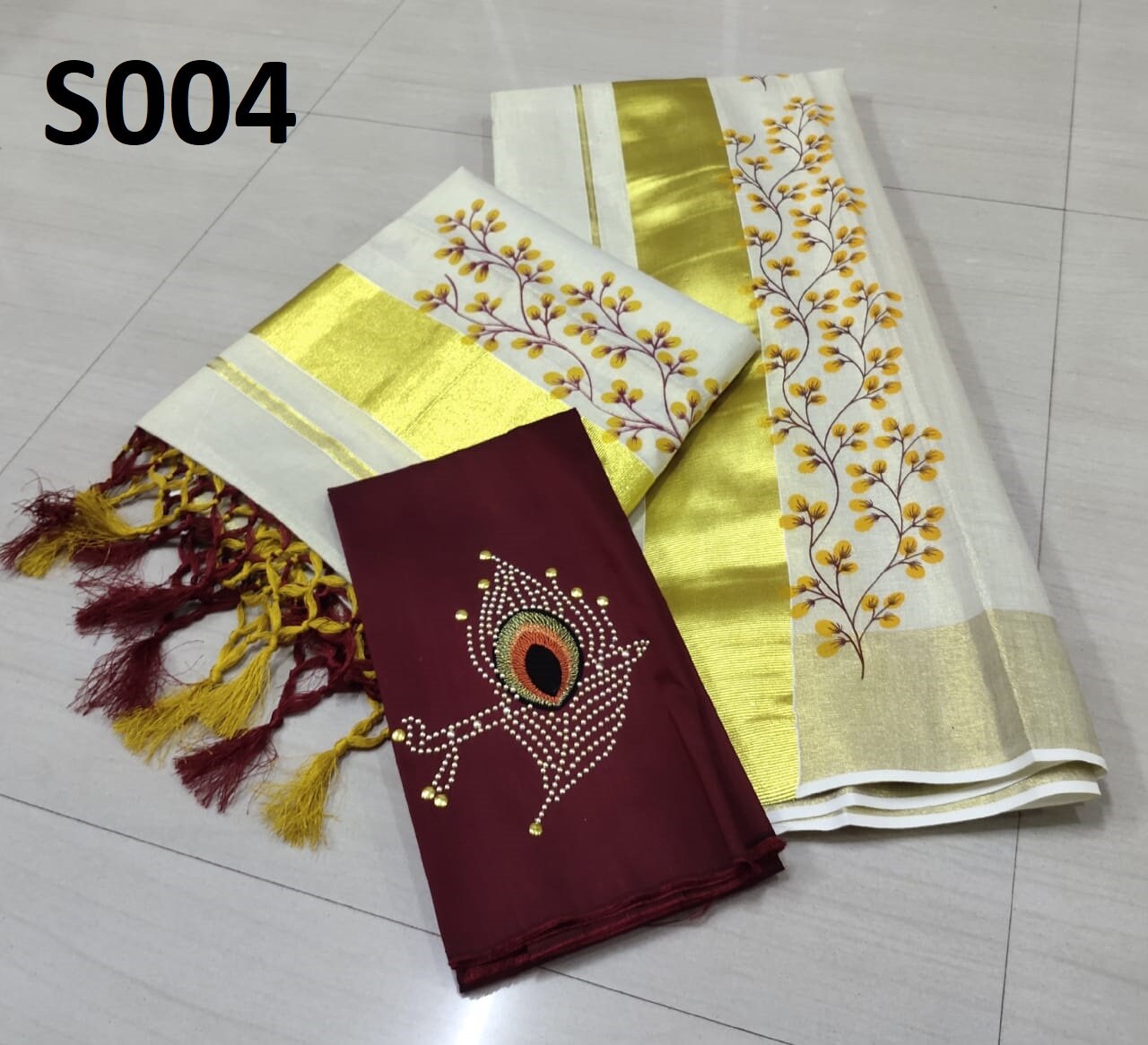 Kerala Kanikkonna  Tissue Set Mundu with Ready to wear Blouse or Blouse Material With kunjanam Vishu Onam festival clothing Hand design