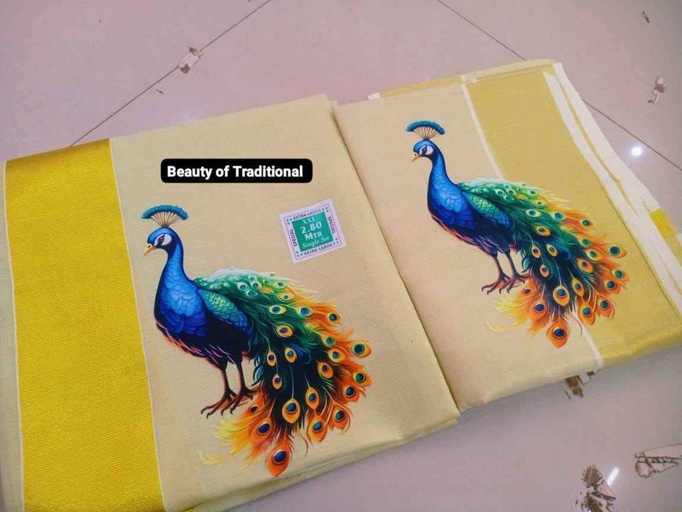 Kerala Special Golden Tissue Hand Work Set Mundu 2.80 With Stitched Blouse or Blouse Material,Beautiful Kerala Designs,Onam,Vishu,Pooja.