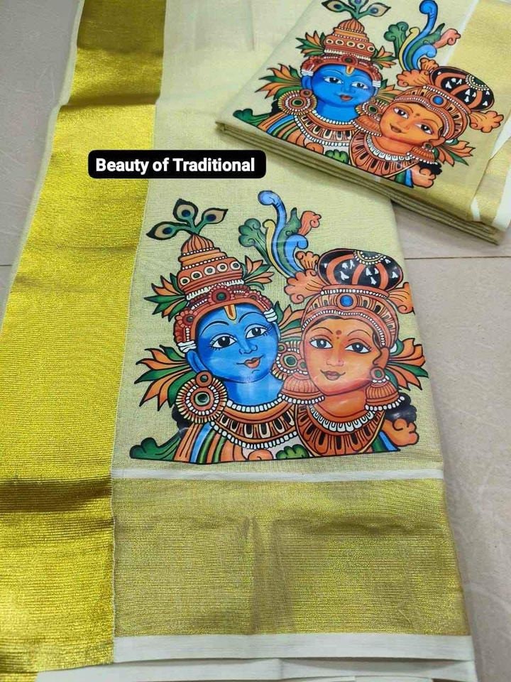 Kerala Special Golden Tissue Hand Work Set Mundu 2.80 With Stitched Blouse or Blouse Material,Beautiful Kerala Designs,Onam,Vishu,Pooja.