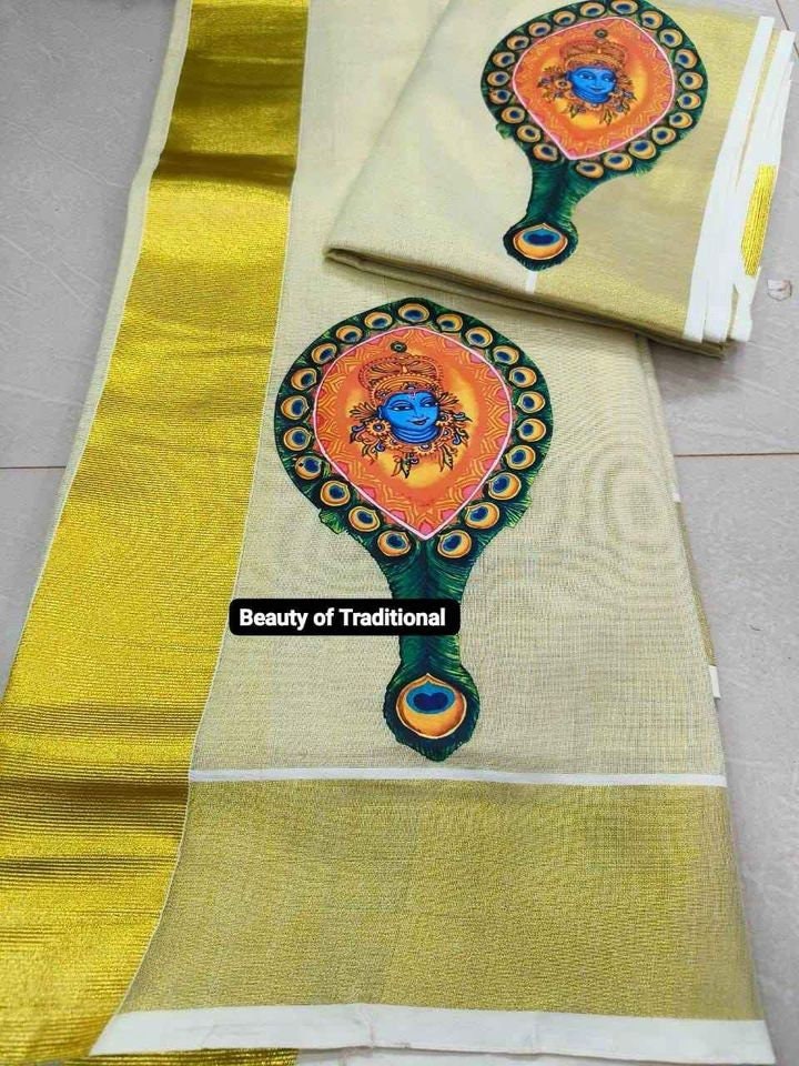 Kerala Special Golden Tissue Hand Work Set Mundu 2.80 With Stitched Blouse or Blouse Material,Beautiful Kerala Designs,Onam,Vishu,Pooja.