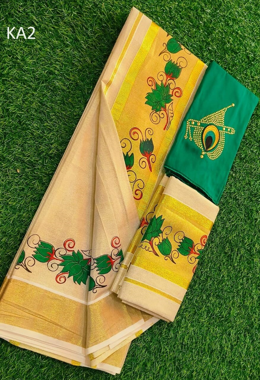 Kerala Special Tissue Flower Print Set Mundu 2.80 With Stitched Blouse or Blouse Material,Beautiful Kerala Designs,Onam,Vishu,Pooja.