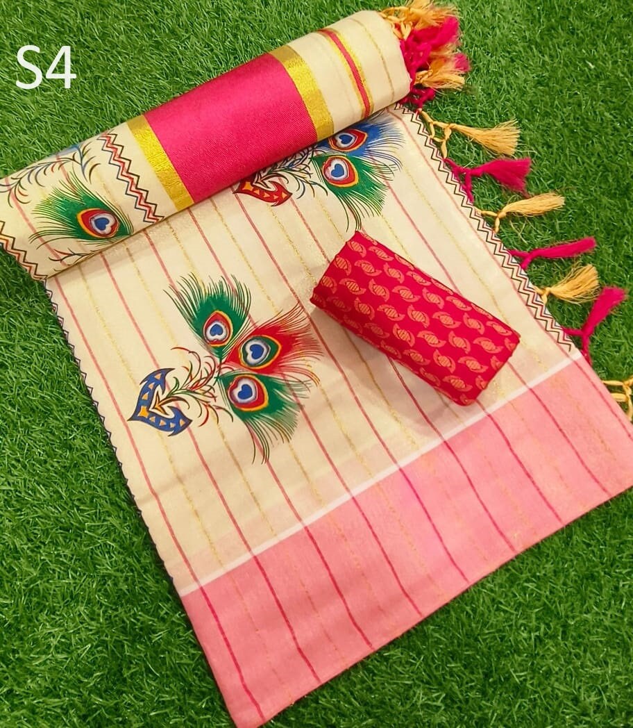 Kerala Traditional Golden Tissue Kunchalam Saree with lines  with stitched Blouse or Blouse Material / Indian Saree, Kerala Saree