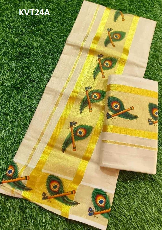 Kerala Mural printed Tissue Set Mundu with Ready to wear Blouse or Blouse Material With kunjanam Vishu Onam festival clothing Hand design