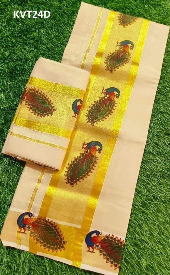 Kerala Mural printed Tissue Set Mundu with Ready to wear Blouse or Blouse Material With kunjanam Vishu Onam festival clothing Hand design