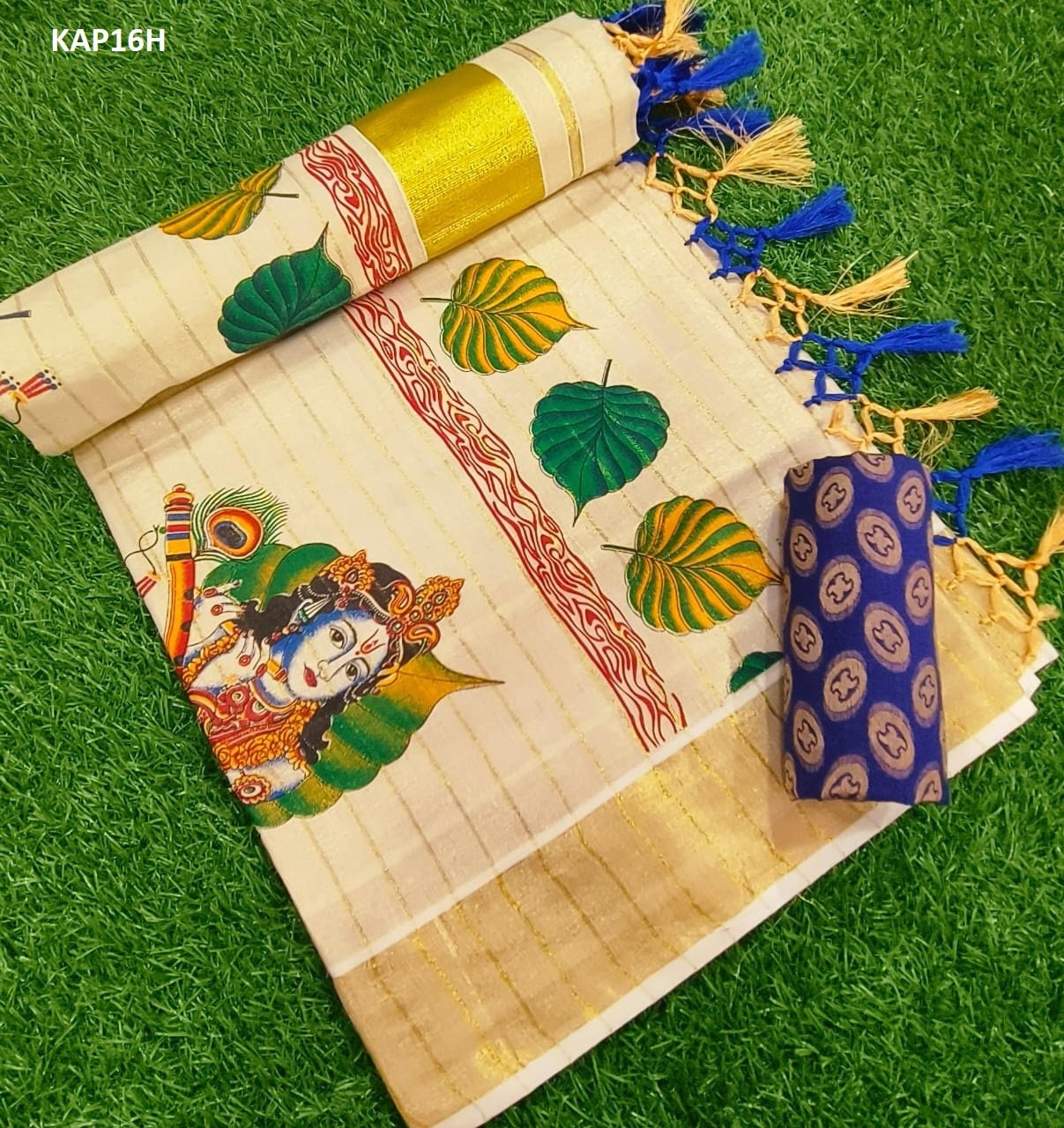 Kerala  Mural printed Tissue kunjalam work saree with lines, with  stitched blouse,Indian traditional women clothing,Handmade designs,Onam