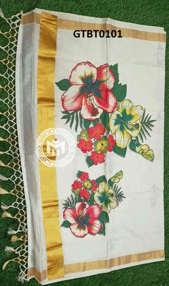 Kerala Traditional Big mural printed Golden Tissue Saree ,Kerala Saree,Onam Dress,Vishu,Festival,Birthday,Special Occasion,Temple,Pooja Wear