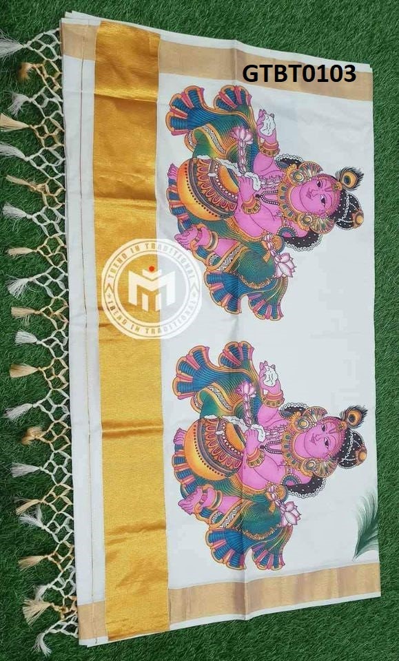 Kerala Traditional Big mural printed Golden Tissue Saree ,Kerala Saree,Onam Dress,Vishu,Festival,Birthday,Special Occasion,Temple,Pooja Wear