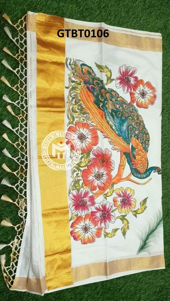 Kerala Traditional Big mural printed Golden Tissue Saree ,Kerala Saree,Onam Dress,Vishu,Festival,Birthday,Special Occasion,Temple,Pooja Wear