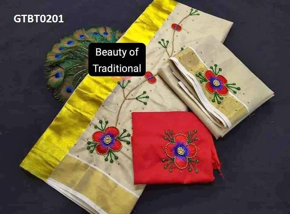 Kerala Special Golden Tissue Hand Work Set Mundu 2.80 With Stitched Blouse or Blouse Material,Beautiful Kerala Designs,Onam,Vishu,Pooja.