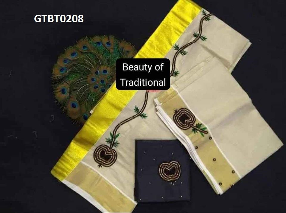 Kerala Special Golden Tissue Hand Work Set Mundu 2.80 With Stitched Blouse or Blouse Material,Beautiful Kerala Designs,Onam,Vishu,Pooja.