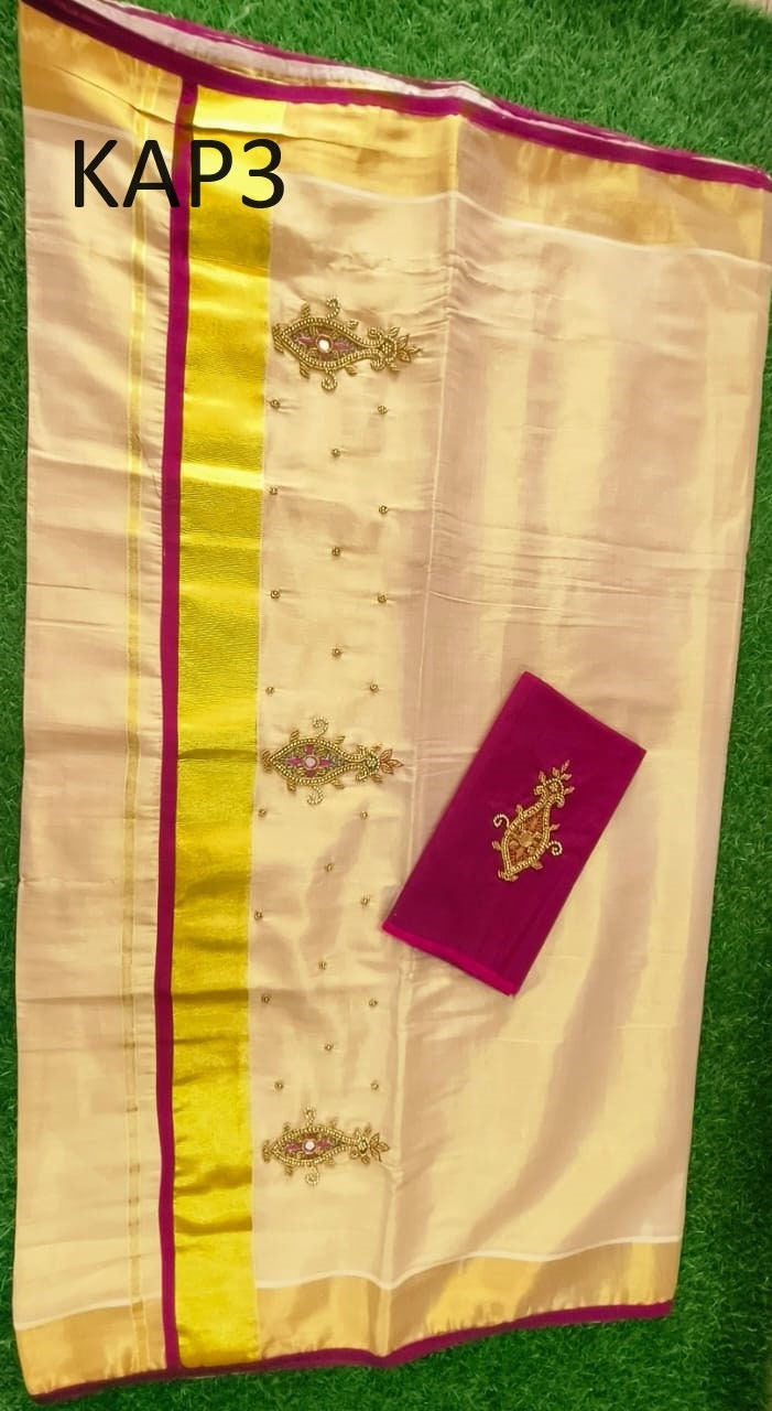 Kerala Golden Tissue Piping Hand Work Set Sarees.6.25+1 Mtr Blouse,Kerala Saree,Vishu,Onam,Handmade Designs,Traditional, Occassions Wear