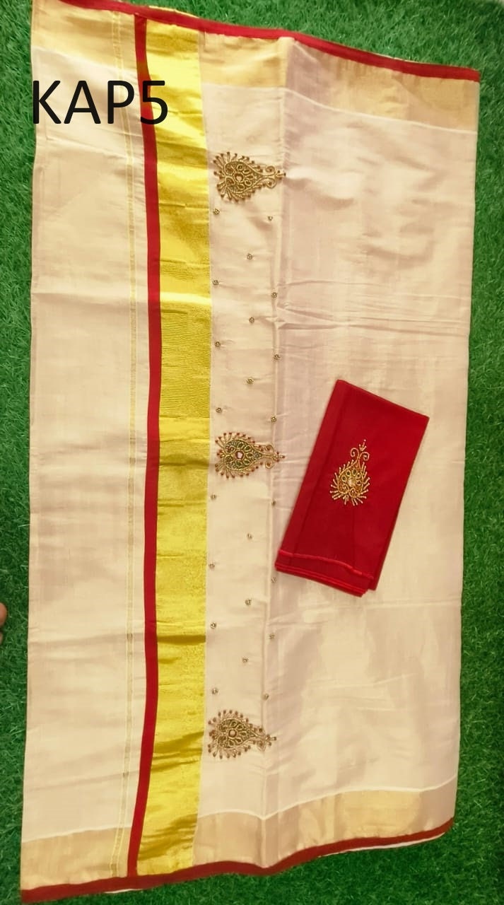 Kerala Golden Tissue Piping Hand Work Set Sarees.6.25+1 Mtr Blouse,Kerala Saree,Vishu,Onam,Handmade Designs,Traditional, Occassions Wear