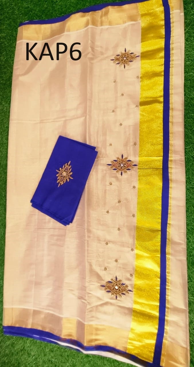 Kerala Golden Tissue Piping Hand Work Set Sarees.6.25+1 Mtr Blouse,Kerala Saree,Vishu,Onam,Handmade Designs,Traditional, Occassions Wear