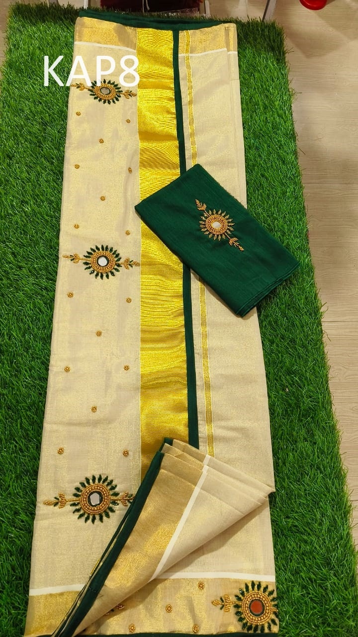 Kerala Golden Tissue Piping Hand Work Set Sarees.6.25+1 Mtr Blouse,Kerala Saree,Vishu,Onam,Handmade Designs,Traditional, Occassions Wear