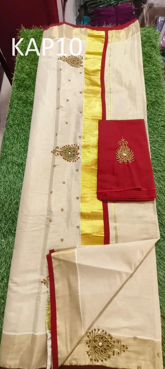 Kerala Golden Tissue Piping Hand Work Set Sarees.6.25+1 Mtr Blouse,Kerala Saree,Vishu,Onam,Handmade Designs,Traditional, Occassions Wear