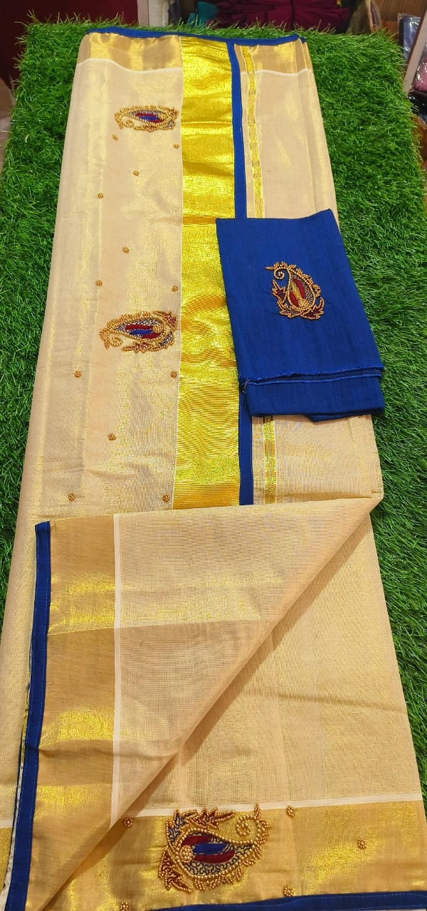 Kerala Golden Tissue Piping Hand Work Set Sarees.6.25+1 Mtr Blouse,Kerala Saree,Vishu,Onam,Handmade Designs,Traditional, Occassions Wear