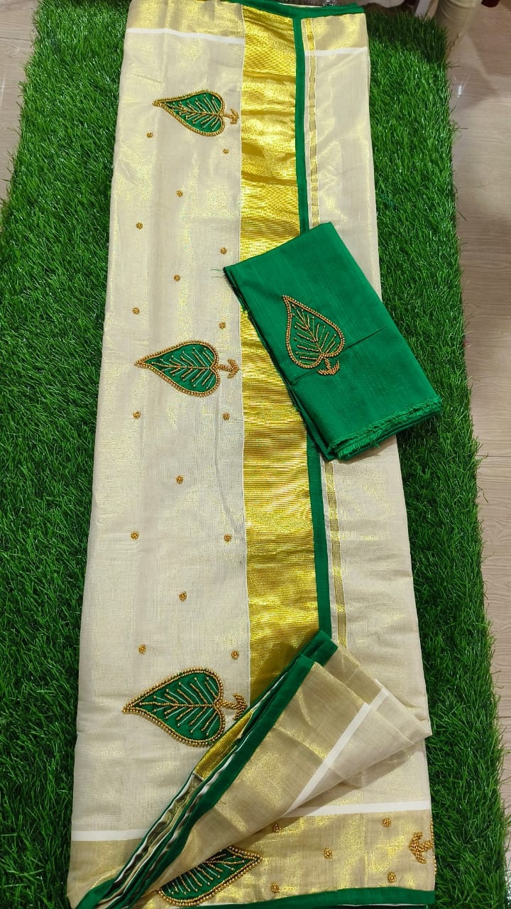 Kerala Golden Tissue Piping Hand Work Set Sarees.6.25+1 Mtr Blouse,Kerala Saree,Vishu,Onam,Handmade Designs,Traditional, Occassions Wear