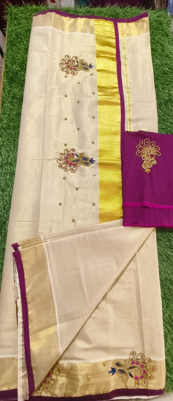 Kerala Golden Tissue Piping Hand Work Set Sarees.6.25+1 Mtr Blouse,Kerala Saree,Vishu,Onam,Handmade Designs,Traditional, Occassions Wear