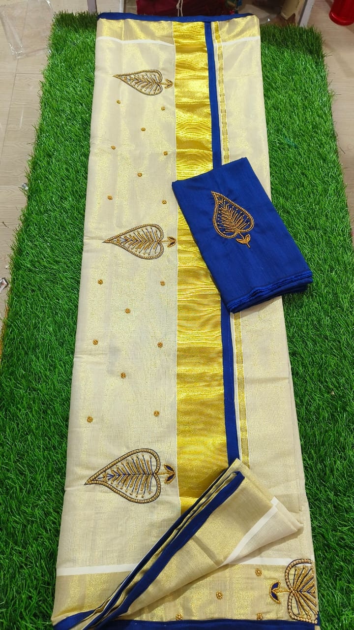 Kerala Golden Tissue Piping Hand Work Set Sarees.6.25+1 Mtr Blouse,Kerala Saree,Vishu,Onam,Handmade Designs,Traditional, Occassions Wear