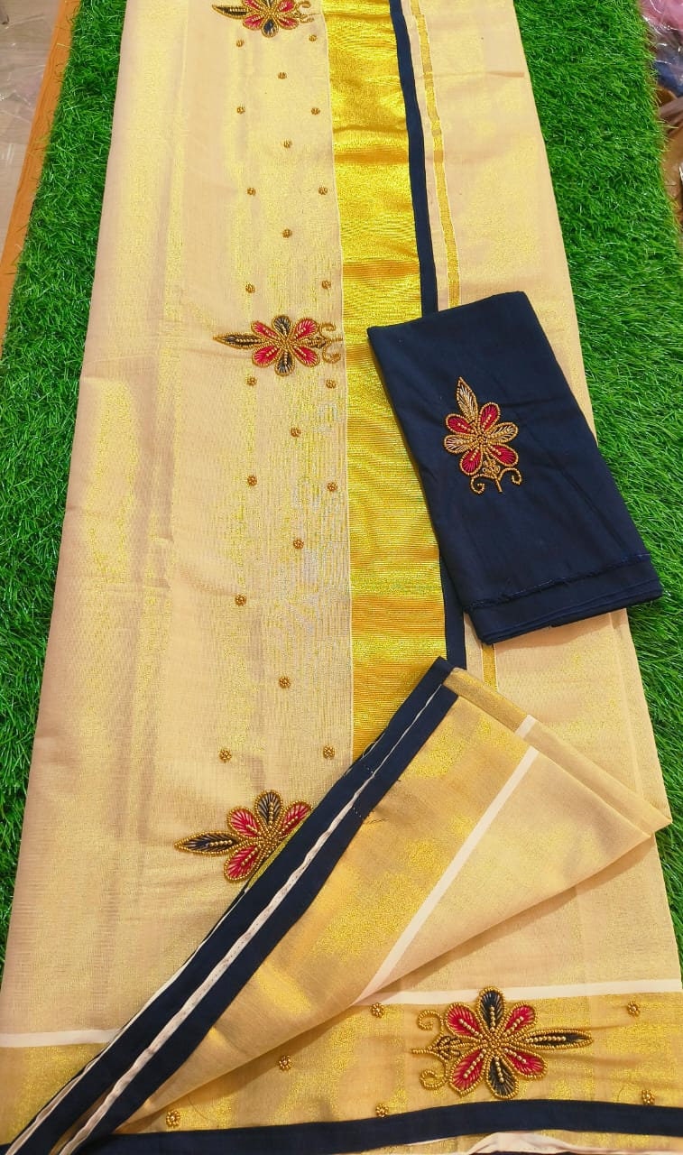 Kerala Golden Tissue Piping Hand Work Set Sarees.6.25+1 Mtr Blouse,Kerala Saree,Vishu,Onam,Handmade Designs,Traditional, Occassions Wear