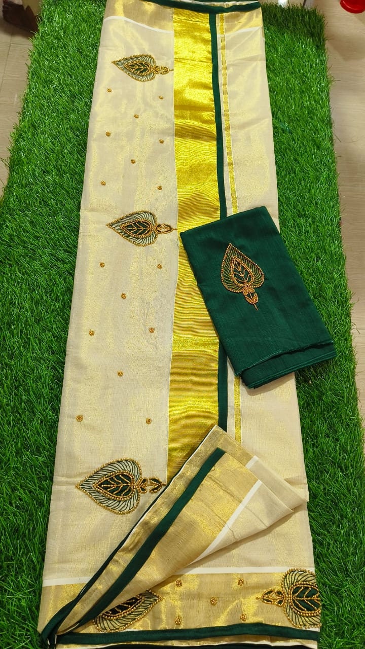 Kerala Golden Tissue Piping Hand Work Set Sarees.6.25+1 Mtr Blouse,Kerala Saree,Vishu,Onam,Handmade Designs,Traditional, Occassions Wear