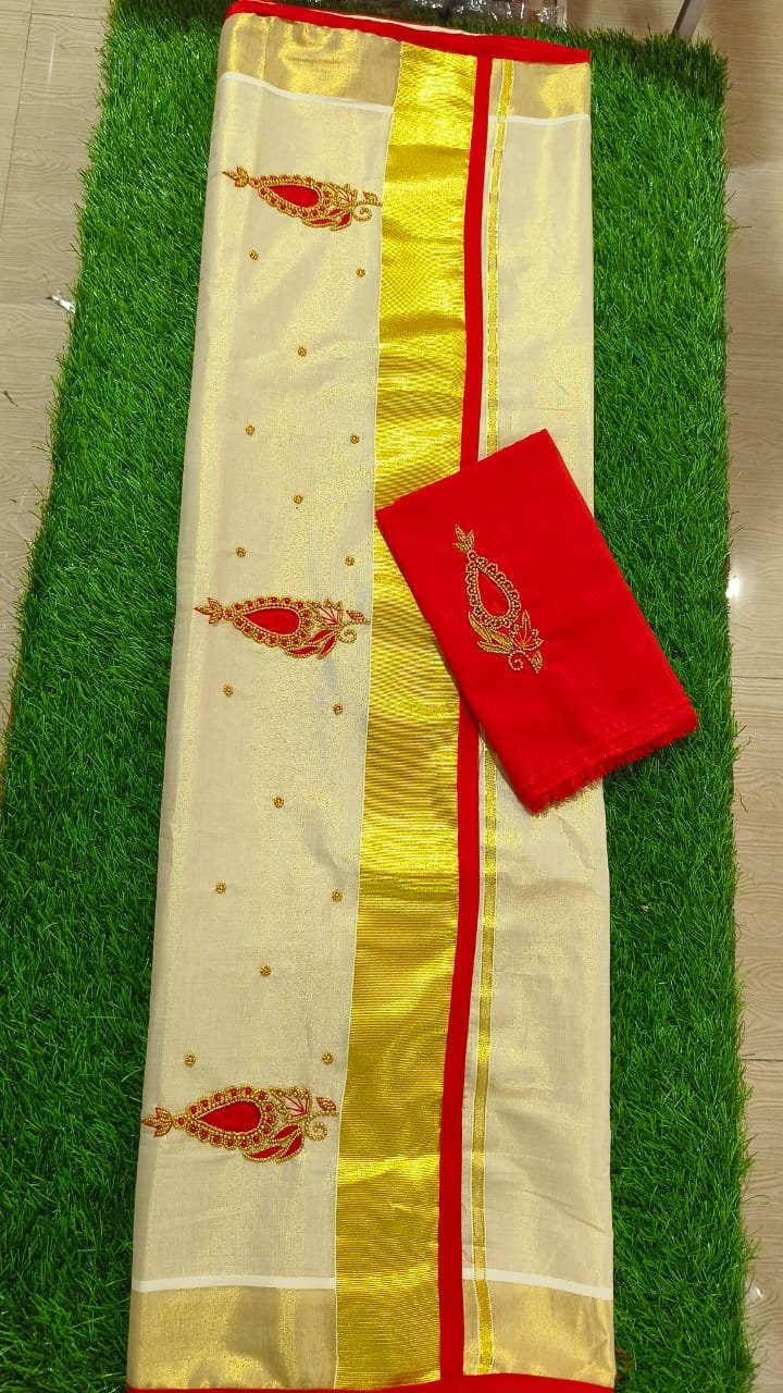 Kerala Golden Tissue Piping Hand Work Set Sarees.6.25+1 Mtr Blouse,Kerala Saree,Vishu,Onam,Handmade Designs,Traditional, Occassions Wear