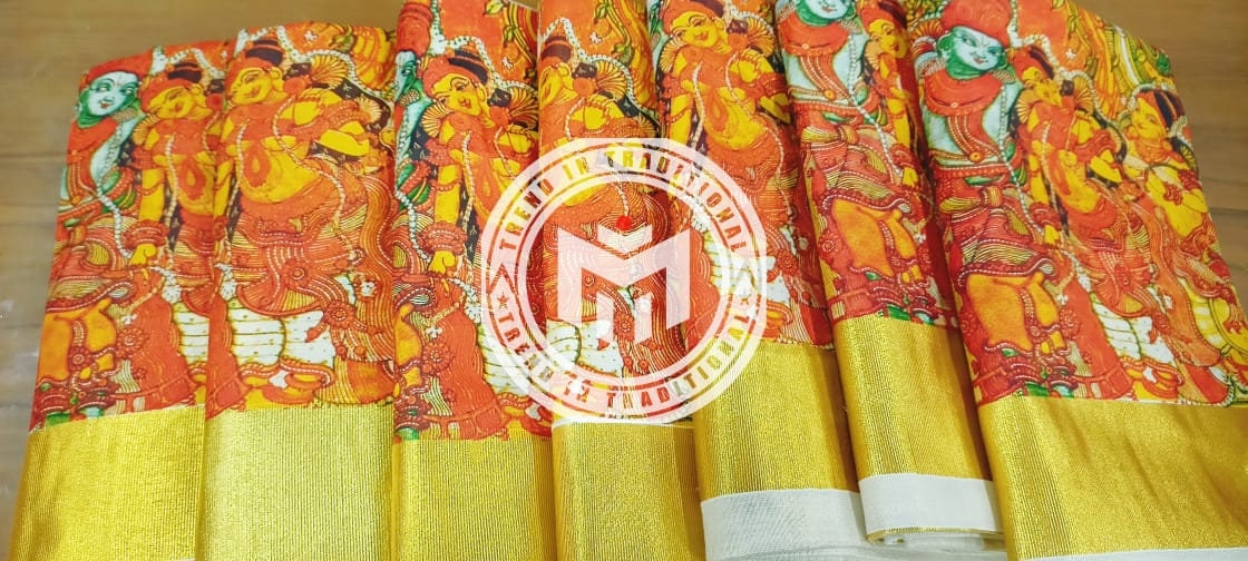 Kerala Golden Tissue saree with Mural design printed Length 6.25mtrs with running blouse Kerala Saree Onam Saree Handmade Design