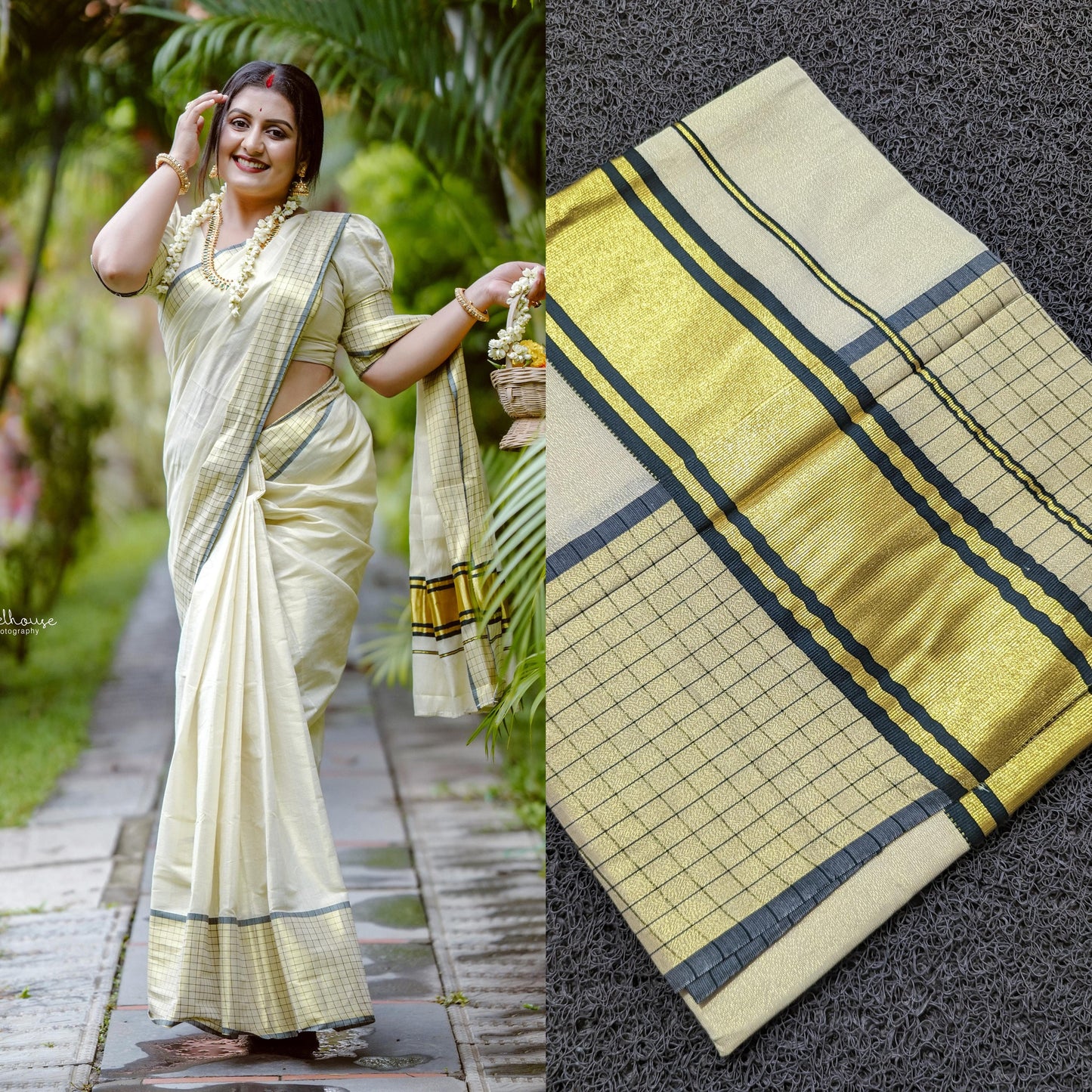 Kerala Special Doble Side Checked Golden Tissue Saree With Stitched Blouse or Blouse Material,Beautiful Kerala Designs,Onam,Vishu,Pooja