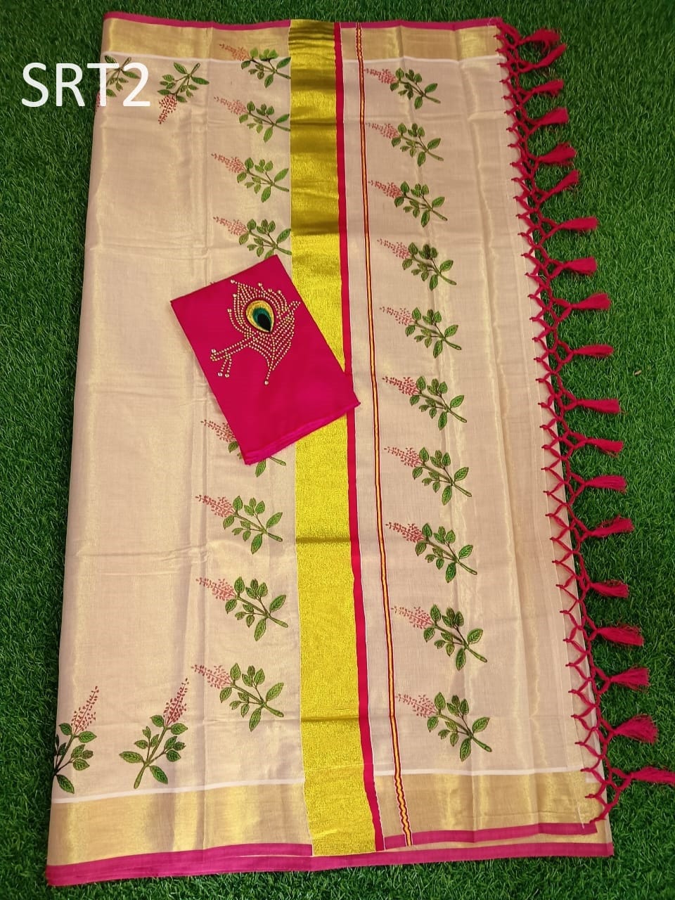 Kerala One Side Colour Kunjalam Tissue Thulasi kathir Printed Saree ,Indian Traditional Clothing,Hand made design,Kerala saree traditional