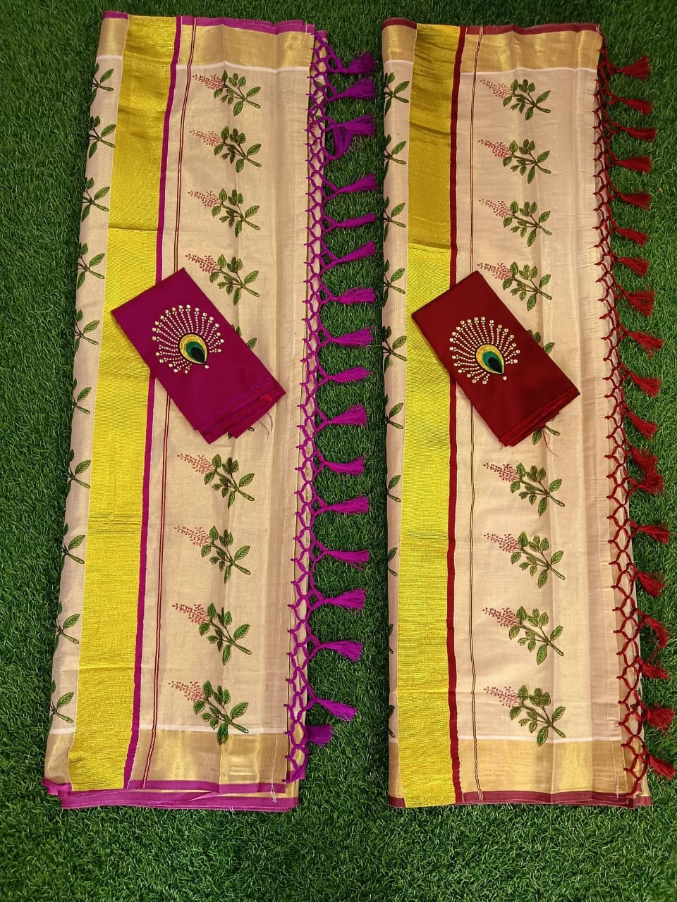 Kerala One Side Colour Kunjalam Tissue Thulasi kathir Printed Saree ,Indian Traditional Clothing,Hand made design,Kerala saree traditional