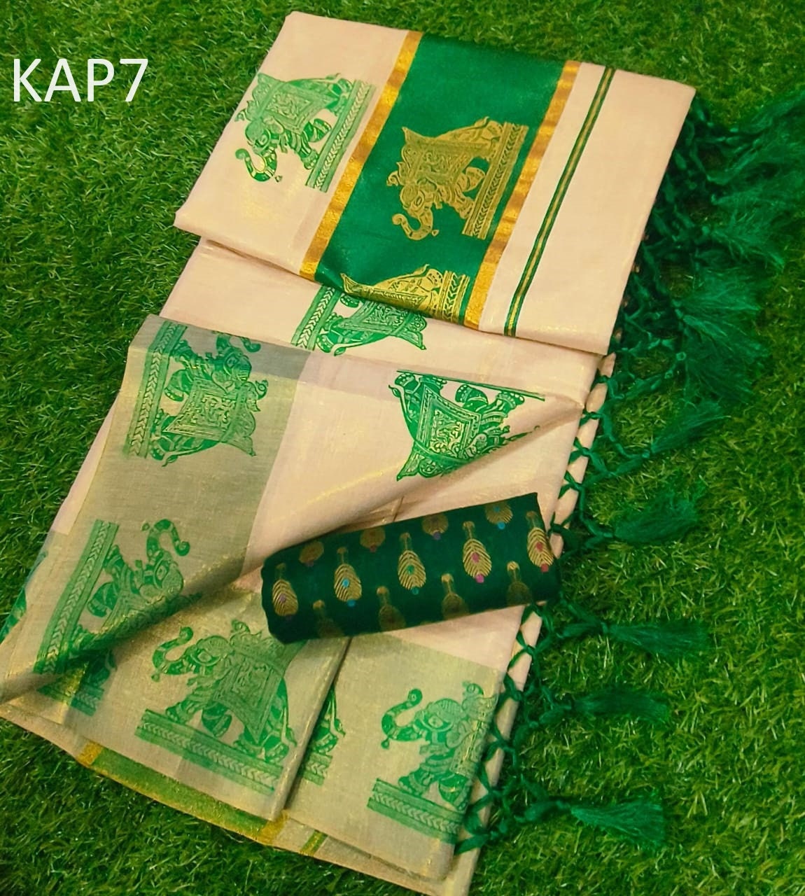 Kerala Traditional Golden Tissue Kunchalam Elephant print  Saree with stitched Blouse or Blouse Material Indian Saree Onam,vishu,Festival