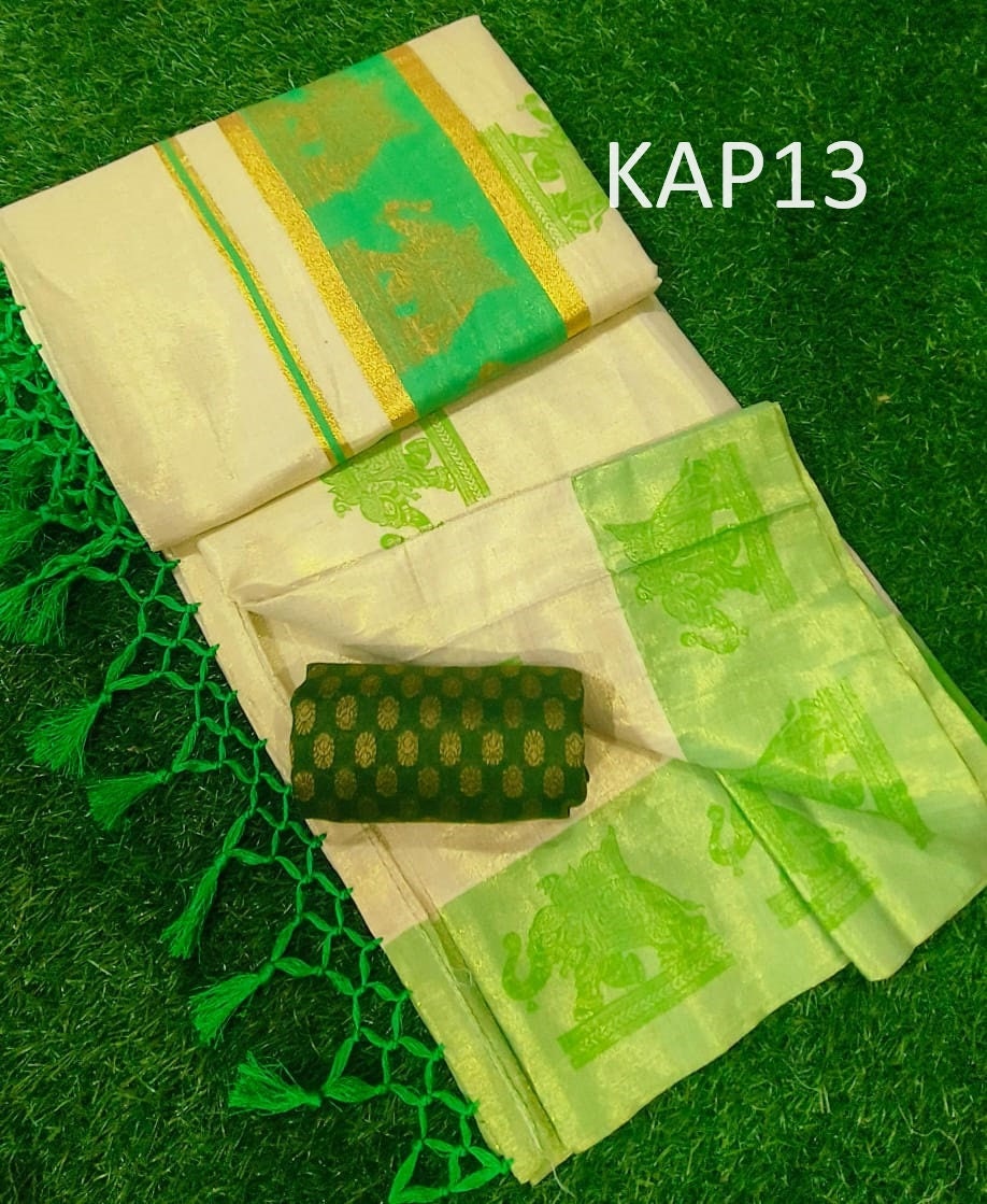 Kerala Traditional Golden Tissue Kunchalam Elephant print  Saree with stitched Blouse or Blouse Material Indian Saree Onam,vishu,Festival