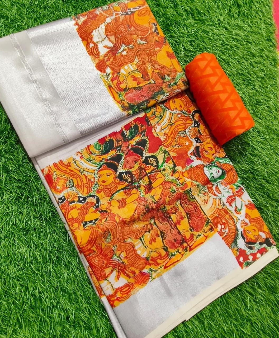 Kerala Traditional Tissue Chumar Chithram printed set saree with stitched Blouse or Blouse Material / Indian Saree, Kerala Saree, Onam Saree