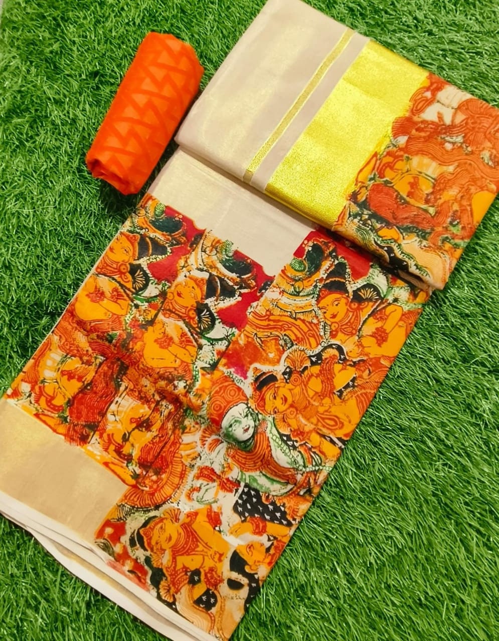 Kerala Traditional Tissue Chumar Chithram printed set saree with stitched Blouse or Blouse Material / Indian Saree, Kerala Saree, Onam Saree