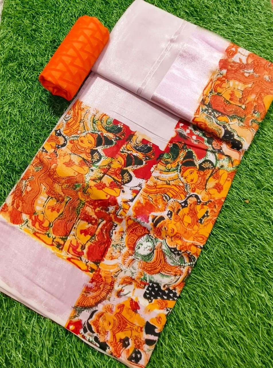 Kerala Traditional Tissue Chumar Chithram printed set saree with stitched Blouse or Blouse Material / Indian Saree, Kerala Saree, Onam Saree