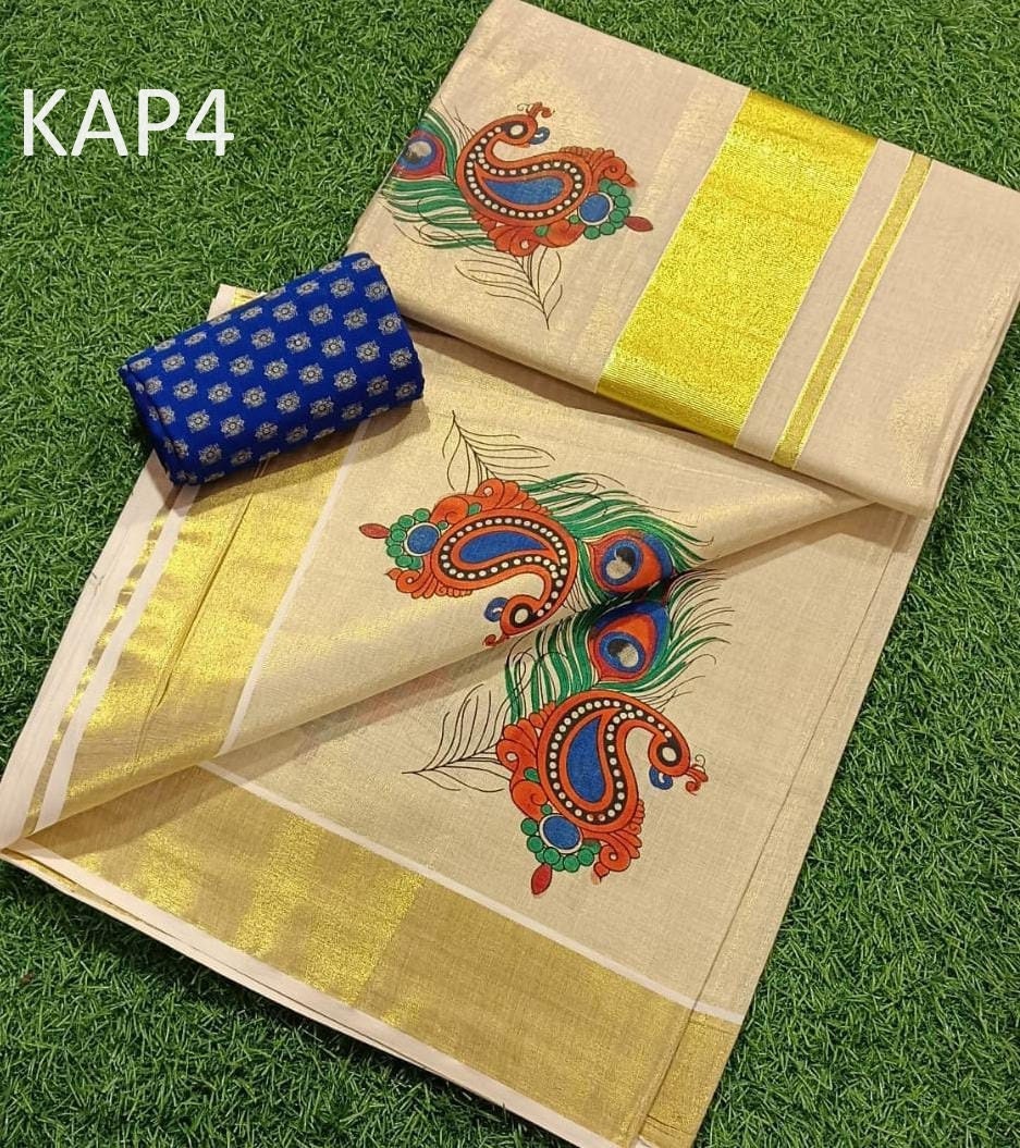 Golden Tissue mural printing saree with blouse material or ready to wear blouse, Kerala Onam, Birthday,vishu beautiful printed saree