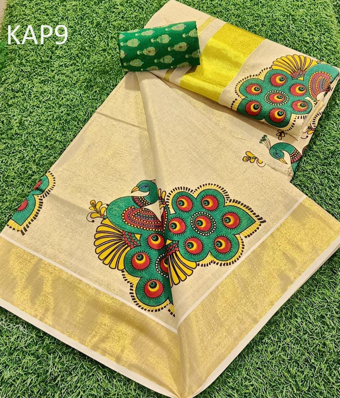 Golden Tissue mural printing saree with blouse material or ready to wear blouse, Kerala Onam, Birthday,vishu beautiful printed saree