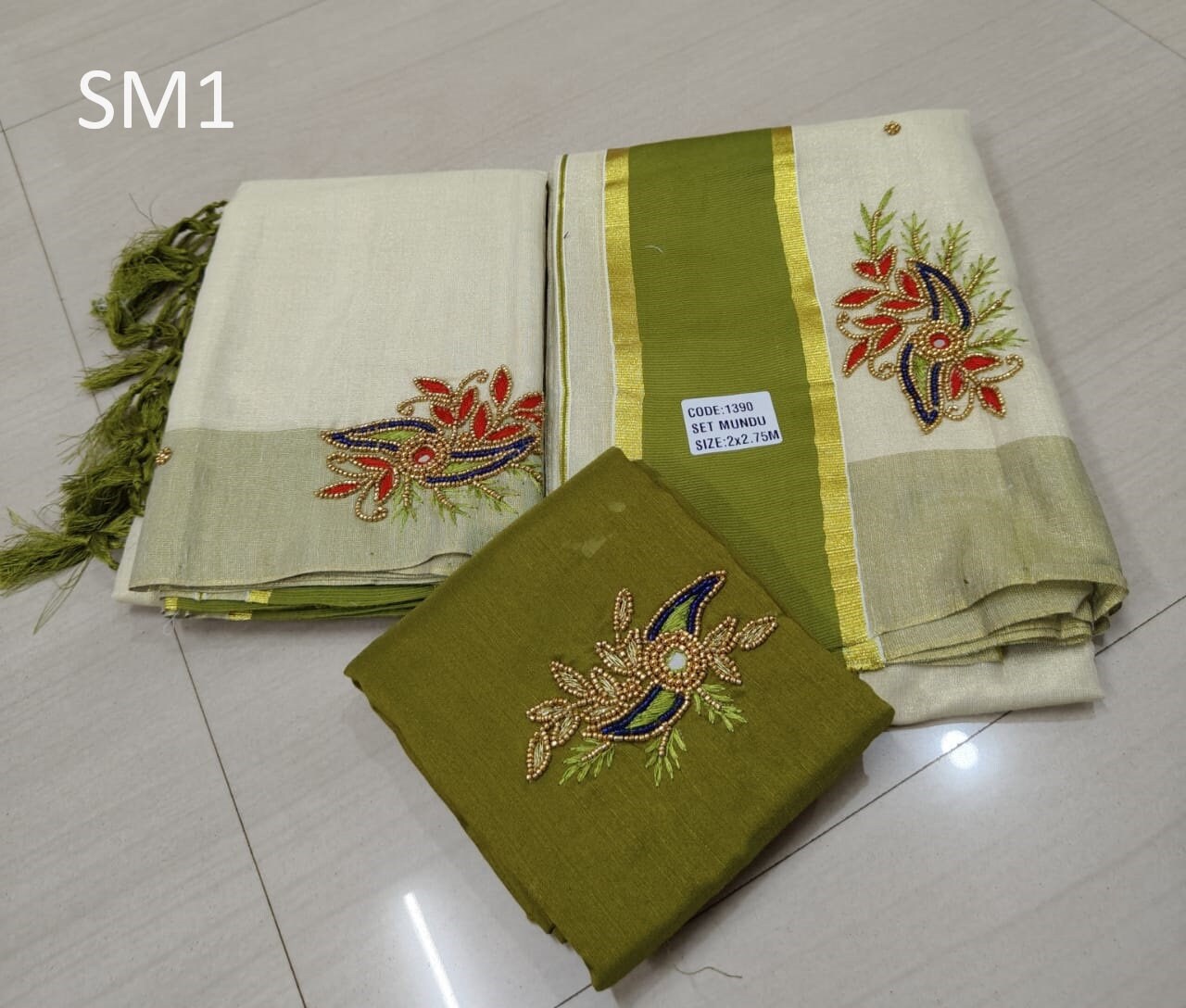 Kerala Special Tissue Aari Work Set Mundu 2.80 With Stitched Blouse or Blouse Material,Beautiful Kerala Designs,Onam,Vishu,Pooja.