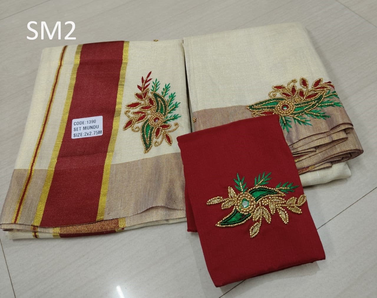 Kerala Special Tissue Aari Work Set Mundu 2.80 With Stitched Blouse or Blouse Material,Beautiful Kerala Designs,Onam,Vishu,Pooja.